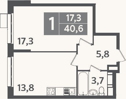 Планировка: 1-к, 39,6 м²