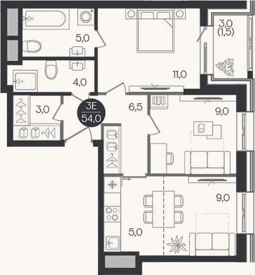 Планировка: 3-к, 52,5 м²