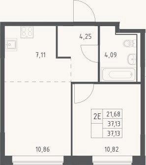 Планировка: 2-к, 37,1 м²