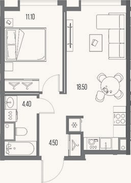 Планировка: 1-к, 38,5 м²