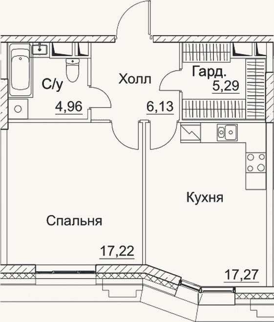 Планировка: 1-к, 50,9 м²