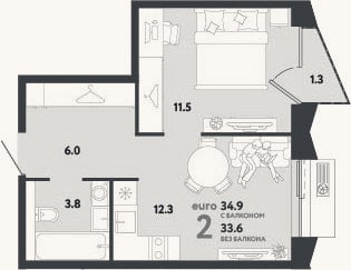 Планировка: 2-к, 33,6 м²