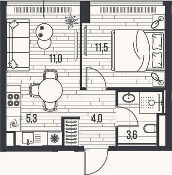 Планировка: 2-к, 35,4 м²