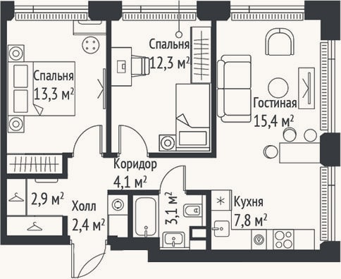 Планировка: 3-к, 61,2 м²