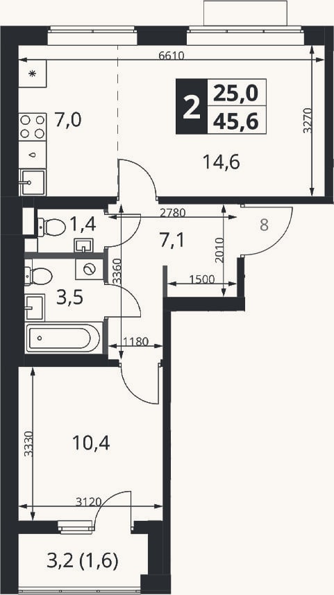 Планировка: 2-к, 44 м²