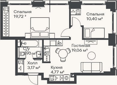 Планировка: 3-к, 61 м²