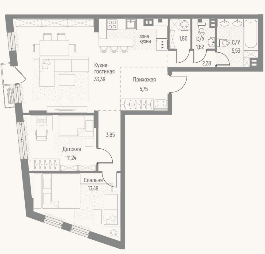 Планировка: 2-к, 79,7 м²