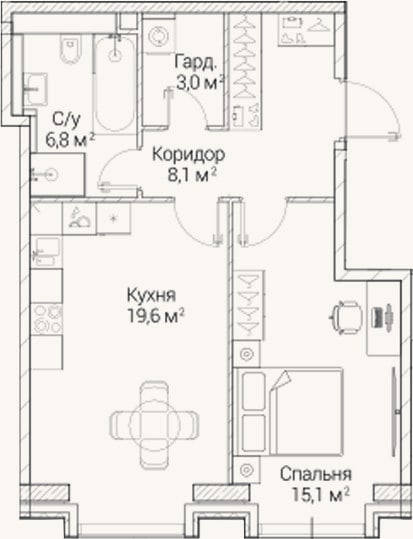 Планировка: 1-к, 51,9 м²