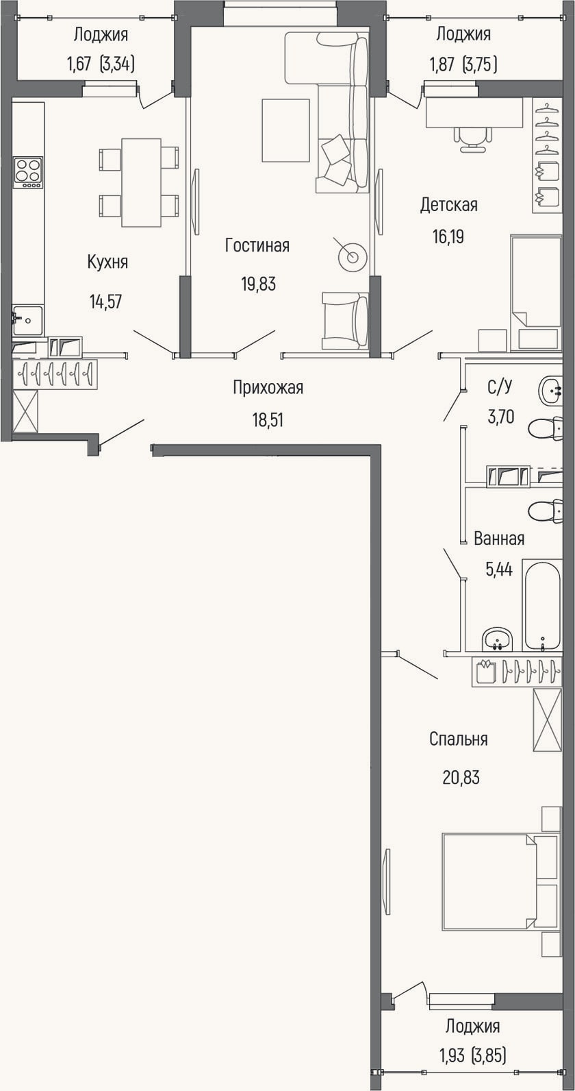 Планировка: 3-к, 99,1 м²