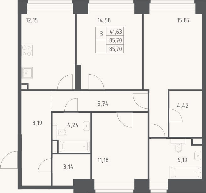 Планировка: 3-к, 85,7 м²