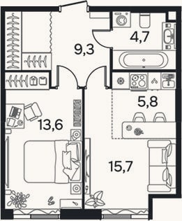 Планировка: 1-к, 43,3 м²