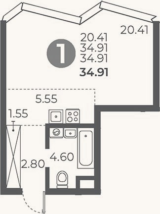 Планировка: Студия, 34,9 м²