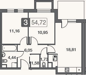 Планировка: 3-к, 54,7 м²