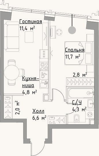 Планировка: 2-к, 43,6 м²