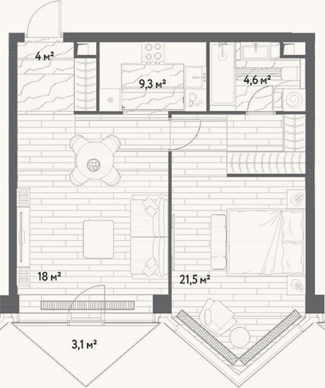 Планировка: 2-к, 57,4 м²