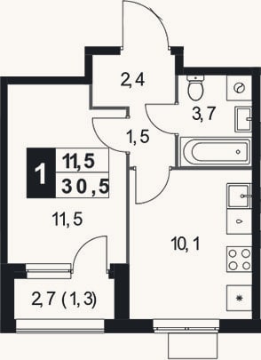Планировка: 1-к, 29,2 м²