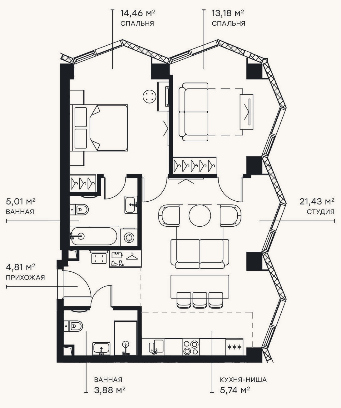 Планировка: 3-к, 68,6 м²