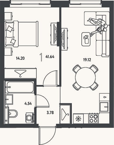 Планировка: 1-к, 41,6 м²