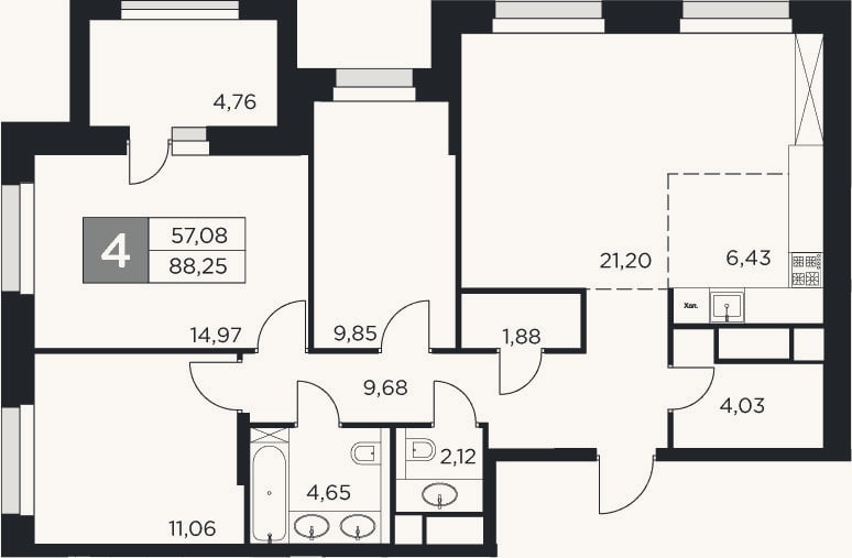Планировка: 4+ к, 85,9 м²