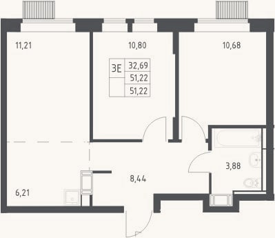 Планировка: 3-к, 51,2 м²