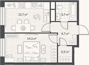 Планировка: 1-к, 37,4 м²