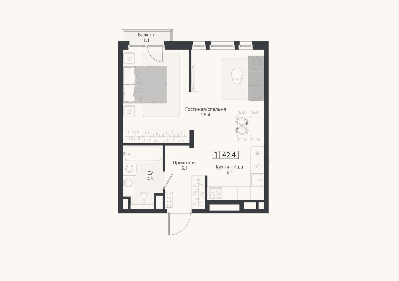 Планировка: Студия, 42,1 м²