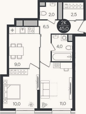 Планировка: 2-к, 45 м²