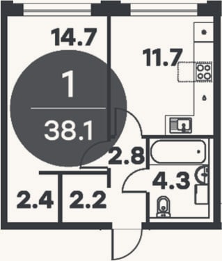 Планировка: 1-к, 38,1 м²