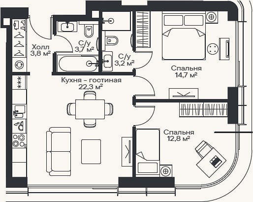 Планировка: 3-к, 59,4 м²