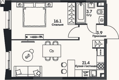 Планировка: 2-к, 45,1 м²