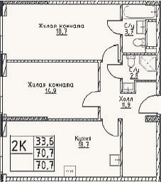 Планировка: 2-к, 70,7 м²