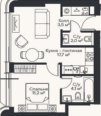 Планировка: 2-к, 38,5 м²