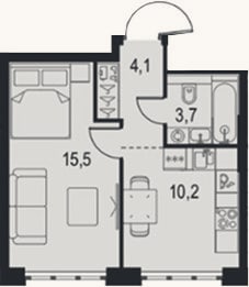 Планировка: 1-к, 33,5 м²