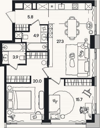 Планировка: 3-к, 77,6 м²
