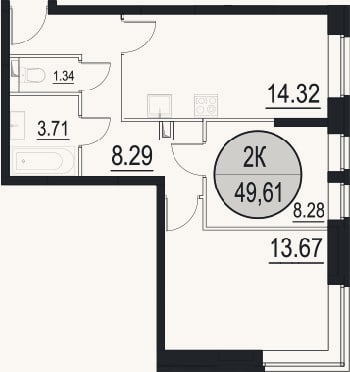 Планировка: 2-к, 49,6 м²