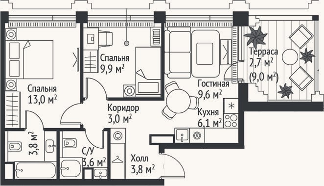 Планировка: 3-к, 52,8 м²