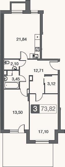 Планировка: 3-к, 73,8 м²
