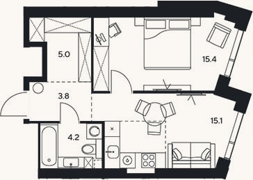 Планировка: 2-к, 43,5 м²