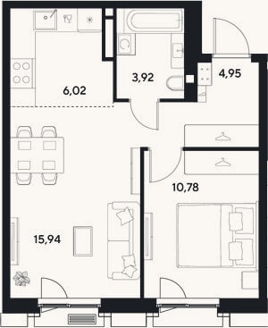 Планировка: 2-к, 41,6 м²