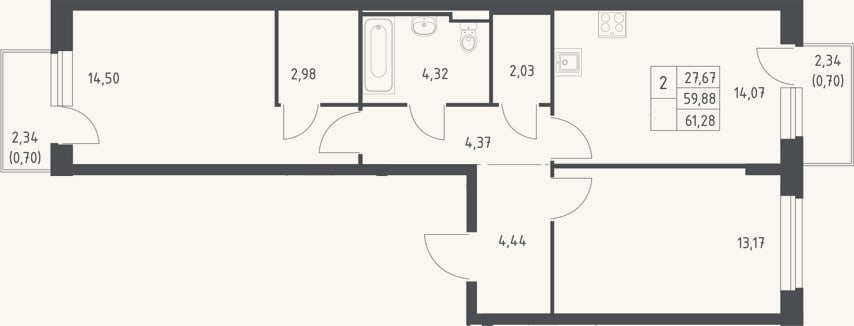 Планировка: 2-к, 59,9 м²