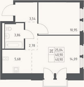 Планировка: 2-к, 40,9 м²