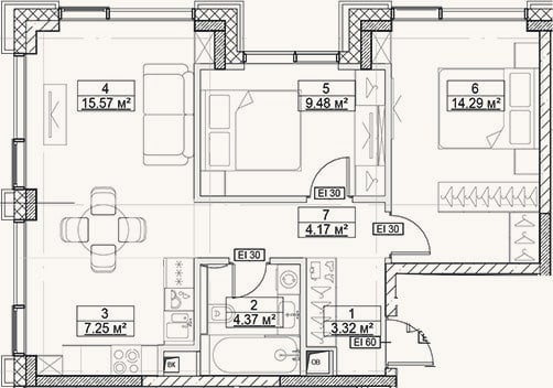 Планировка: 3-к, 58,5 м²