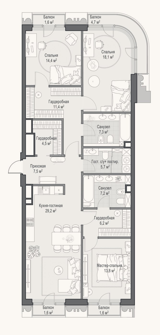 Планировка: 4+ к, 124,3 м²