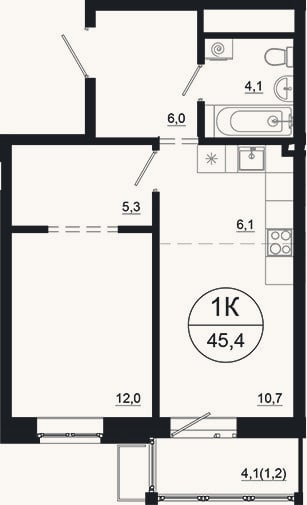 Планировка: 2-к, 44,2 м²