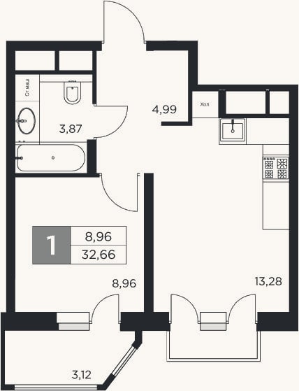 Планировка: 1-к, 31,1 м²