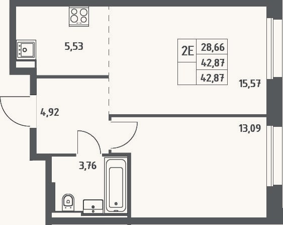 Планировка: 2-к, 42,9 м²