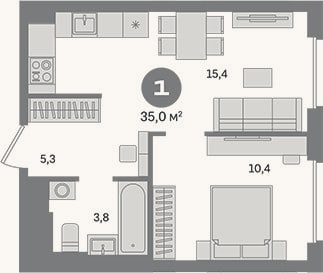 Планировка: 1-к, 35 м²