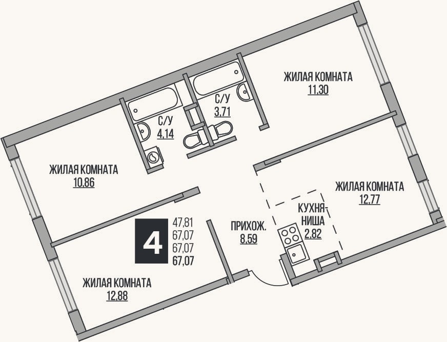 Планировка: 4+ к, 67,1 м²