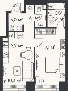 Планировка: 2-к, 44,4 м²