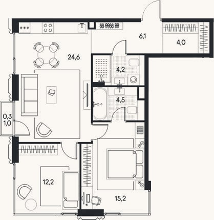 Планировка: 3-к, 70,8 м²